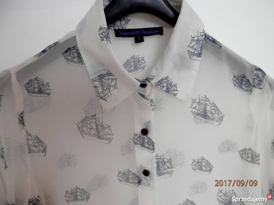 Koszula Kremowa Nadruk w Granatowe Żaglowce