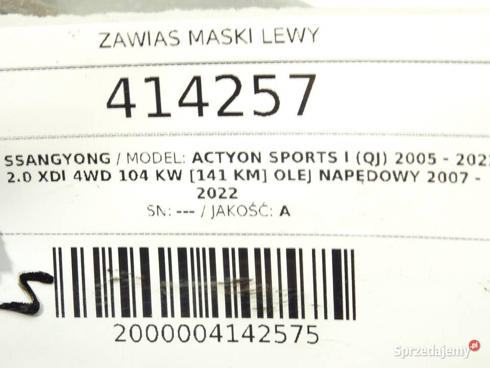 ZAWIAS MASKI LEWY SSANGYONG ACTYON Pickup