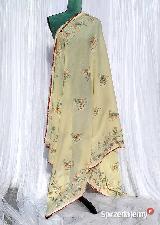 Duża chusta szal dupatta haftowana żółta bawełna Dla kobiet Szczecin