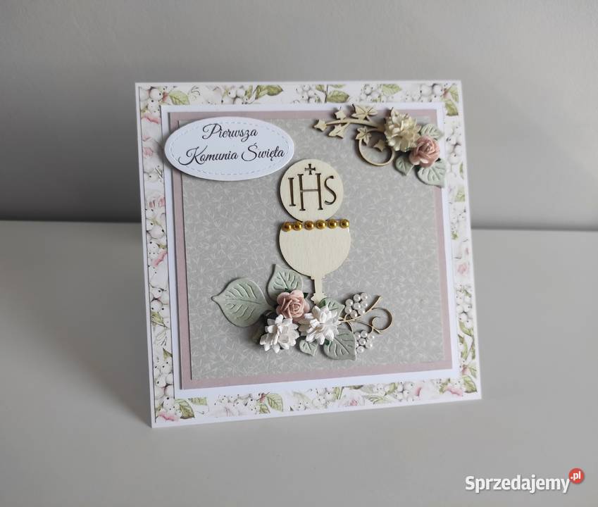 Kartka ręcznie robiona Komunia Święta pistacjowa Łódź