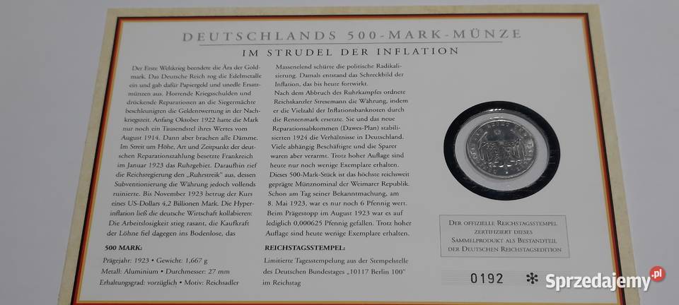 Niemcy 500 marek 1923 mennicza w blistrze Kolekcje Warszawa