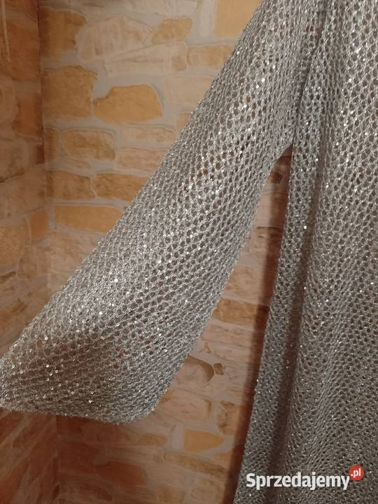 40L Długa metaliczna srebrna sukienka ażurowa z