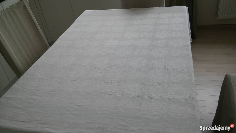 biały lniany obrus w kwiatowy deseń len sprzedam