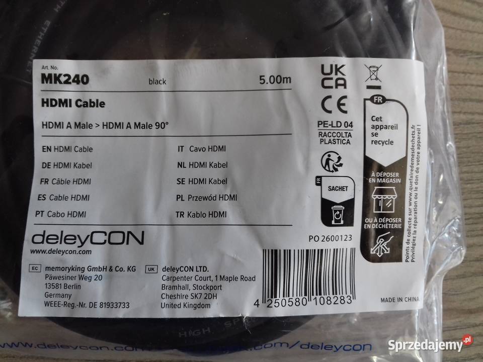 Kabel deleyCON MK240 HDMI 5m kąt 90 HDMI20a 14a Bydgoszcz sprzedam