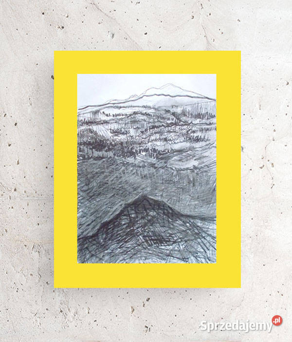 zólto szary rysunek 30x40 góry pejzaż malowany sprzedam