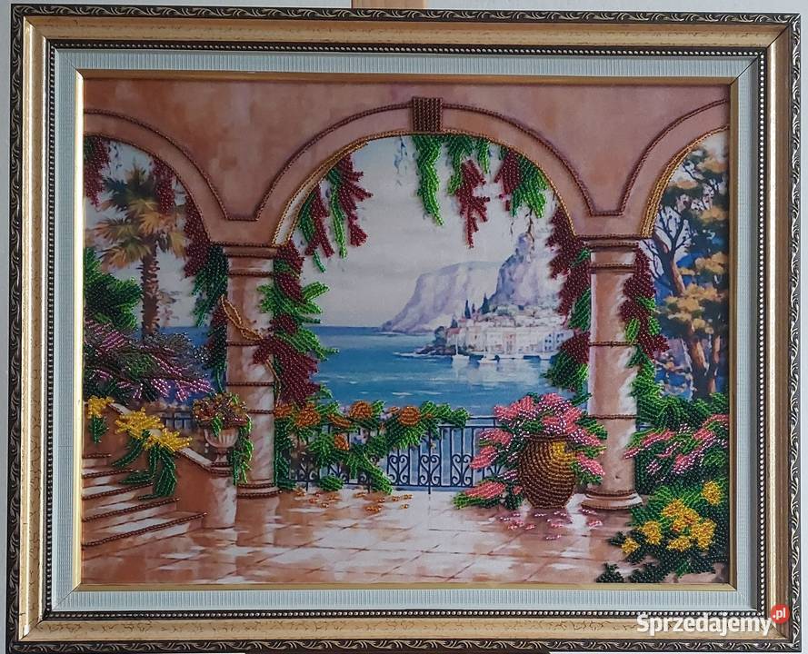 Obraz haftowany koralikami taras z widokiem na Goczałkowice-Zdrój