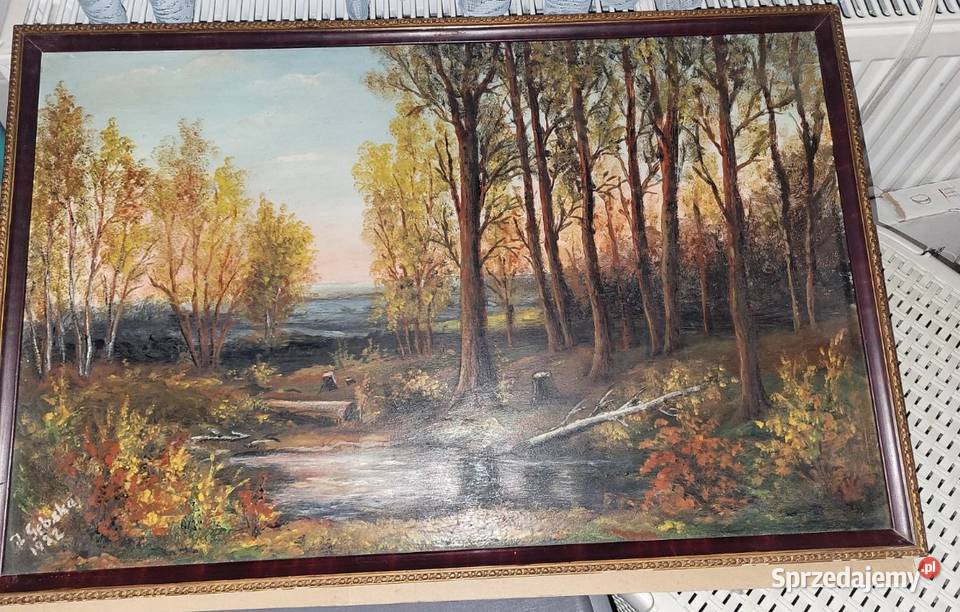 Obraz pejzaż leśny 1922 rama drewniana Tarnów