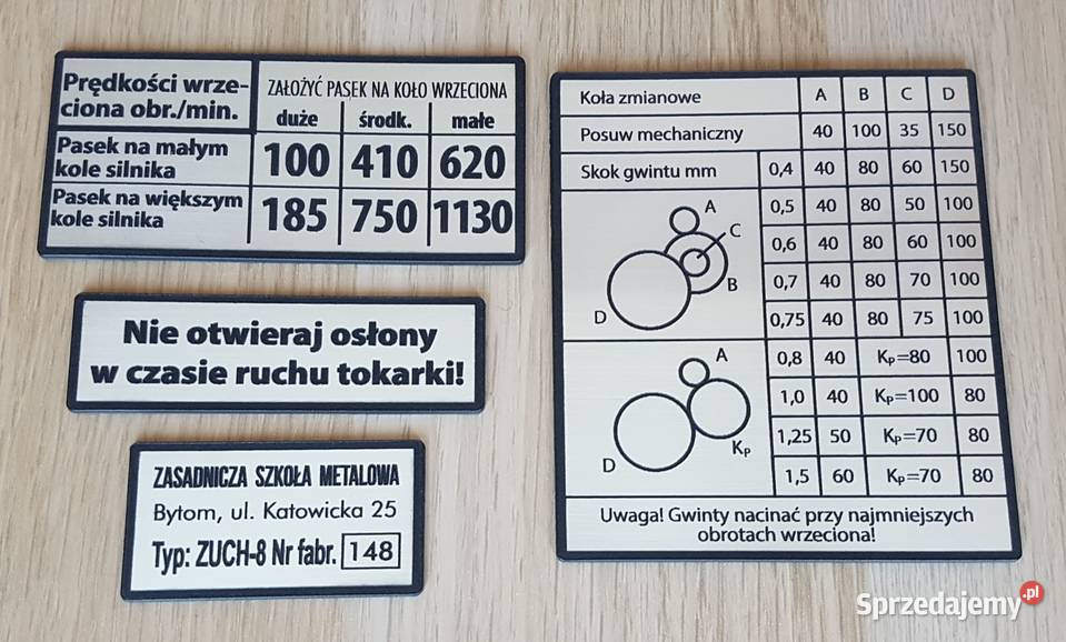 Tokarka ZUCH Tabliczka Tabliczki Tabela Gwintów Zelów