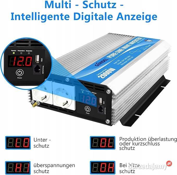 GIANDEL Inwerter 2000W 12V230V Czysty Sinus 2xEU Myszyniec
