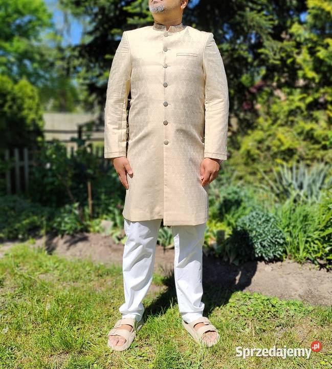 Elegancki indyjski sherwani achkan kremowy haft Szczecin