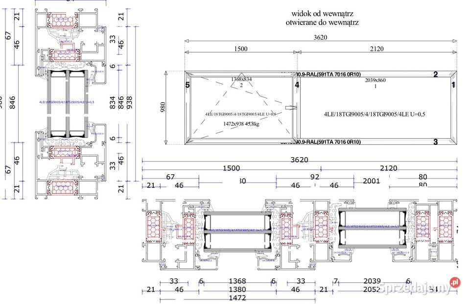 Okno aluminiowe RAL7016 ocieplane 3 szyby Drzwi zewnętrzne