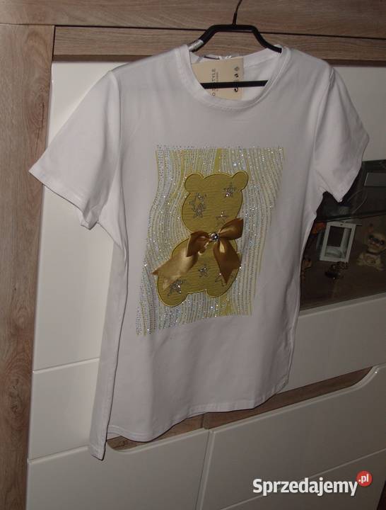 NOWY TSHIRT z Miśkiem kokarda cyrkonie r ML zielony Bluzki i koszule