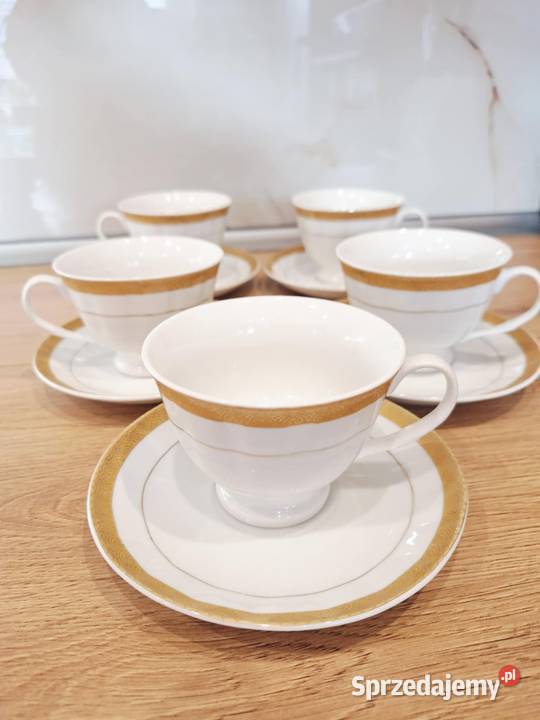 Zestaw 5 osob filiżanki porcelana 24 karaty gold Braniewo