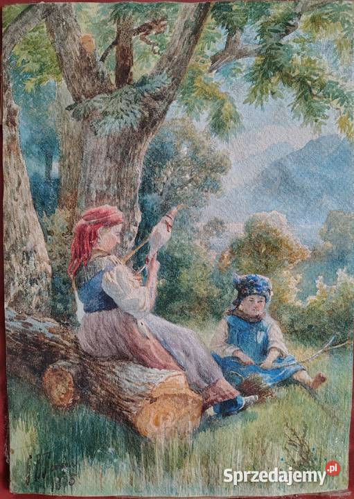 Stary obraz akwarela 1875r Malarstwo pomorskie Kartuzy