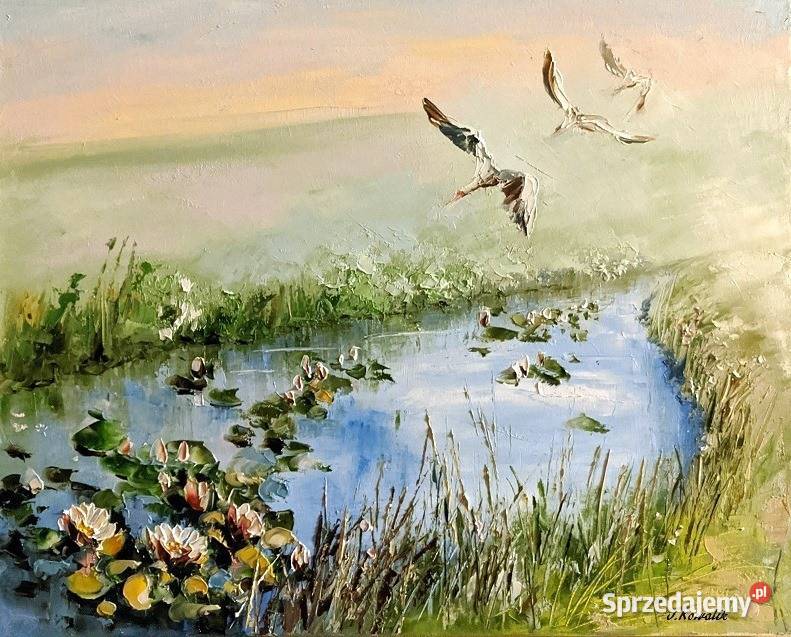 Kowalik Bociany obraz olejny 40x50 pejzaż sprzedam