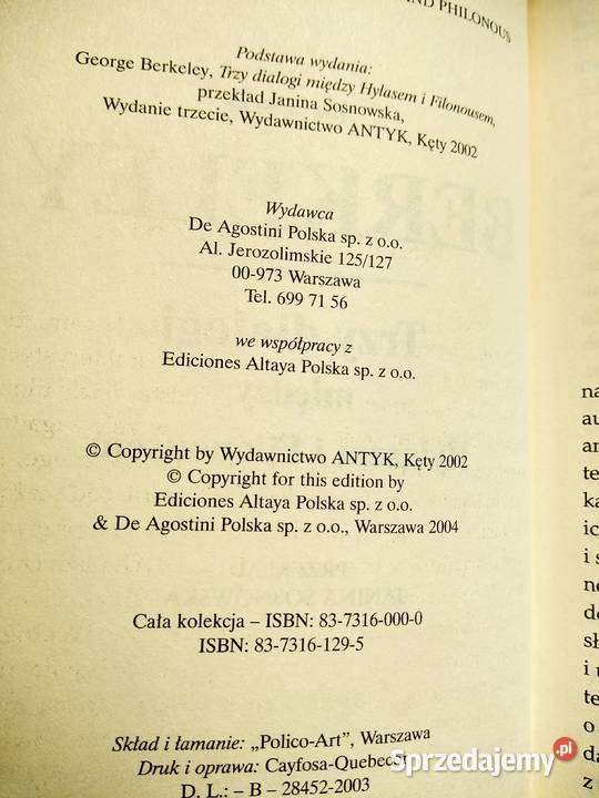 Berkeley Trzy dialogi filozofia książki Bródno Warszawa