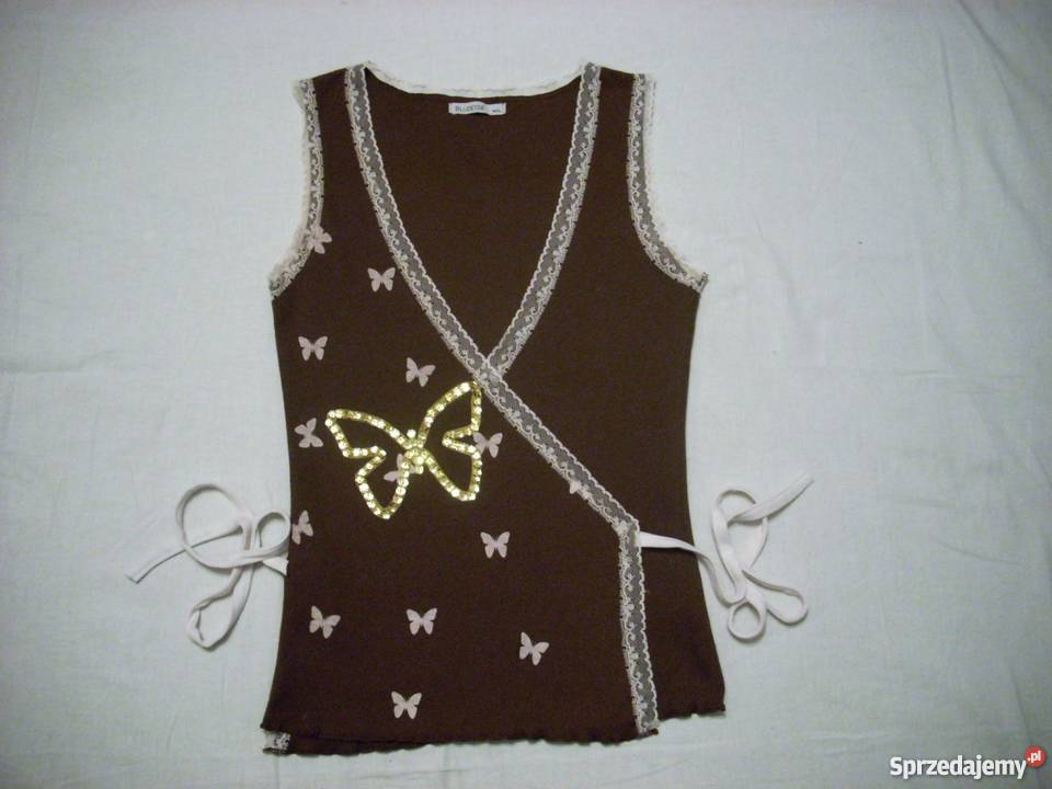 Bluzka Kamizelka Kopertowa Motyl Cekiny 34 36 brązowy/beżowy małopolskie Nowy Sącz sprzedam