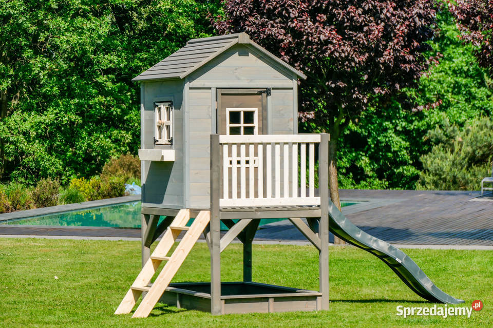 Drewniany szary domek ogrodowy z podestem Zabawki ogrodowe sprzedam