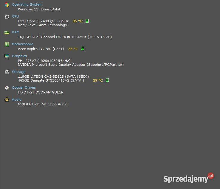 Intel Core i5 7400 3000 GHz Acer Aspire TC780 Międzychód