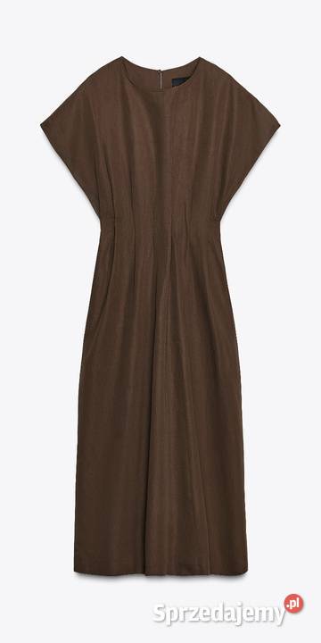 Sukienka midi z zakładkami i kieszeniami brązowa brązowy/beżowy Moda i Styl Warszawa