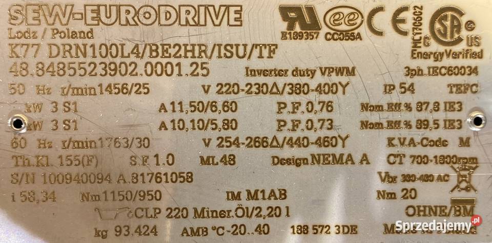 motoreduktor przekładnia 3kW 25obr HAMULEC SEW Pigża