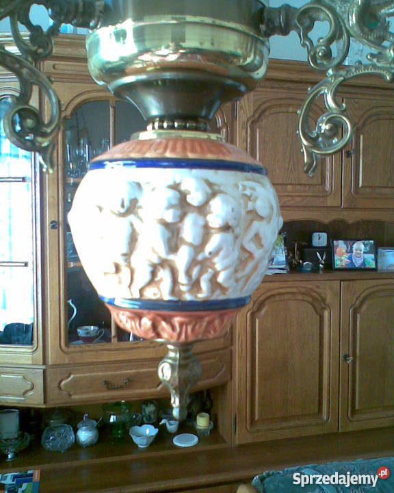 Antyk lampa wisząca mosiądz i ceramika