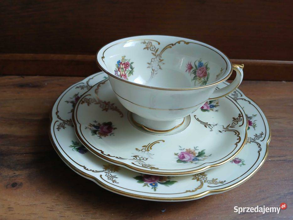Stary zestaw trio porcelanowe sygnowane Konigl Porcelana i szkło małopolskie Kraków