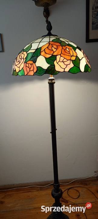 Stara mosiężna lampa podłogowa klosz witraż w