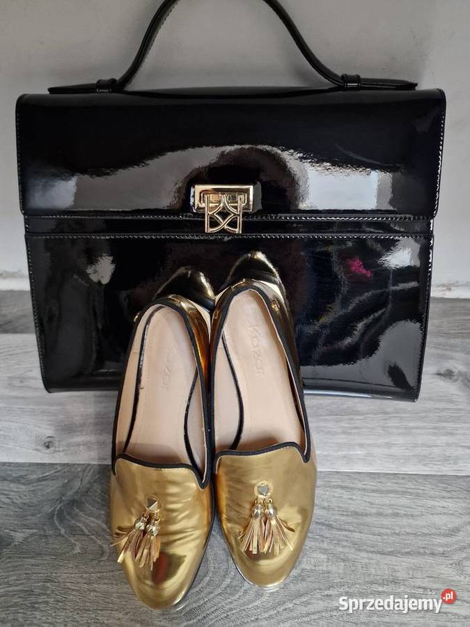 Mokasyny złote skóra lakier Kazar 36 23cm Półbuty śląskie Żywiec