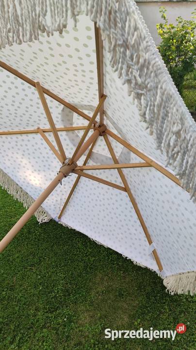 Parasol ogrodowy Boho beżowy w kropki drewno Jędrzychowice
