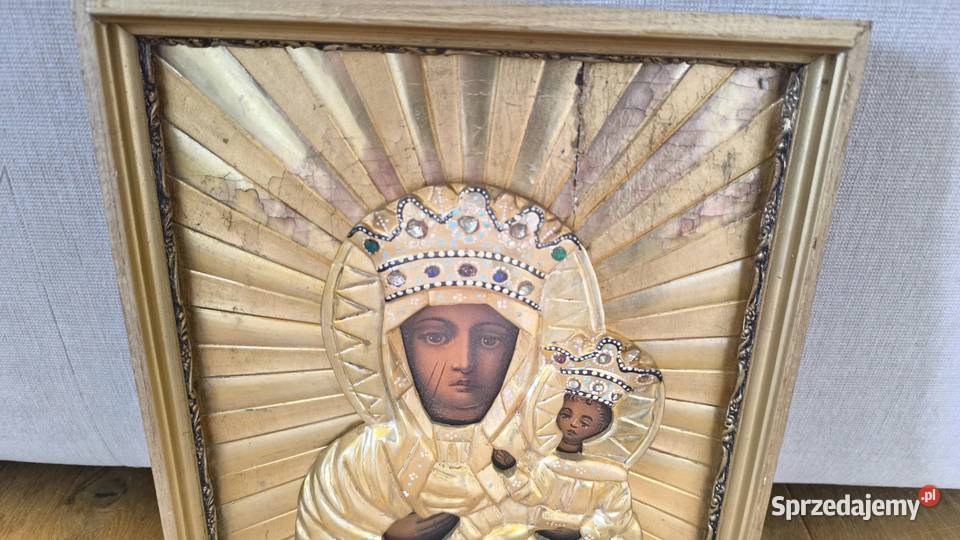 Piękna oryginalna XIX wieczna ikona Matka boska Łódź sprzedam