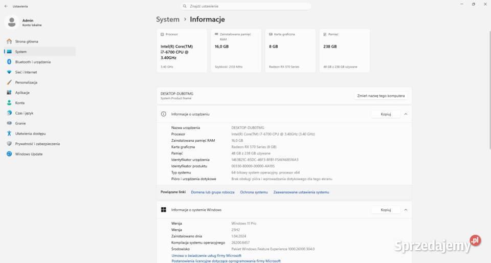 Komputer Gamingowy Intel i7 6700 RX 570 8GB 16GB