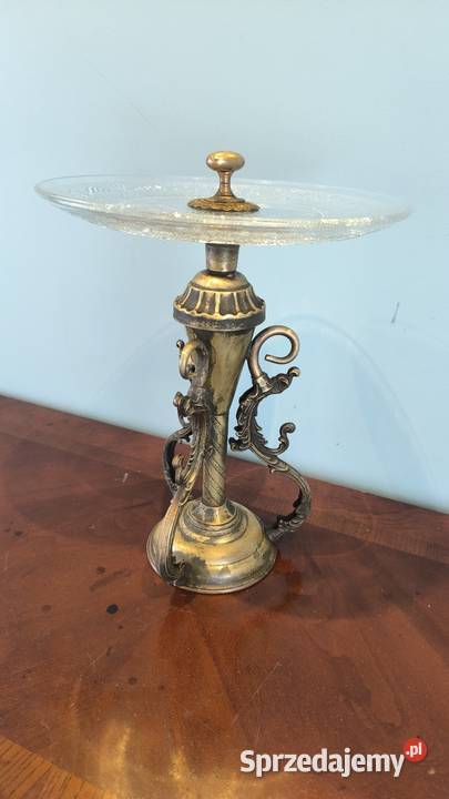 Piękna mosiężna patera z kryształowym szkłem Antyki Łódź