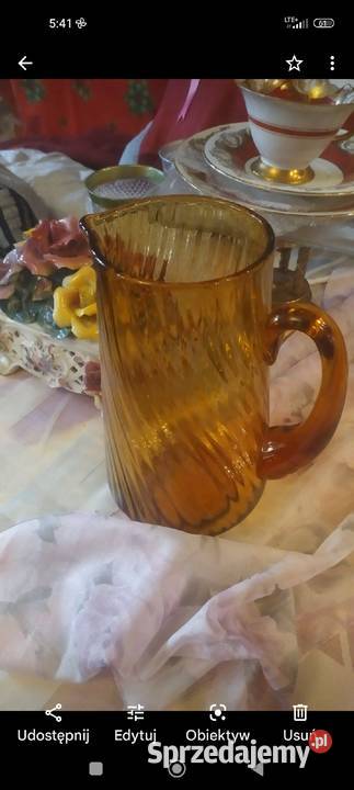 Dzbanek bursztynowy szkło kryształowe kanelowane Antyki, Sztuka, Kolekcje