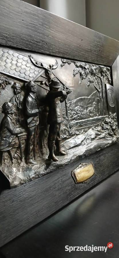 Posrebrzana myśliwska płaskorzeźba Na strzelnicy Ząbkowice Śląskie