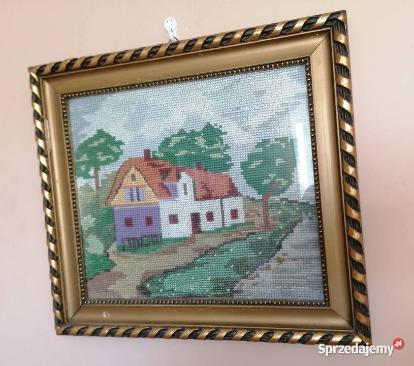 Obraz ręcznie haftowany w drewnianej ramie Łódź