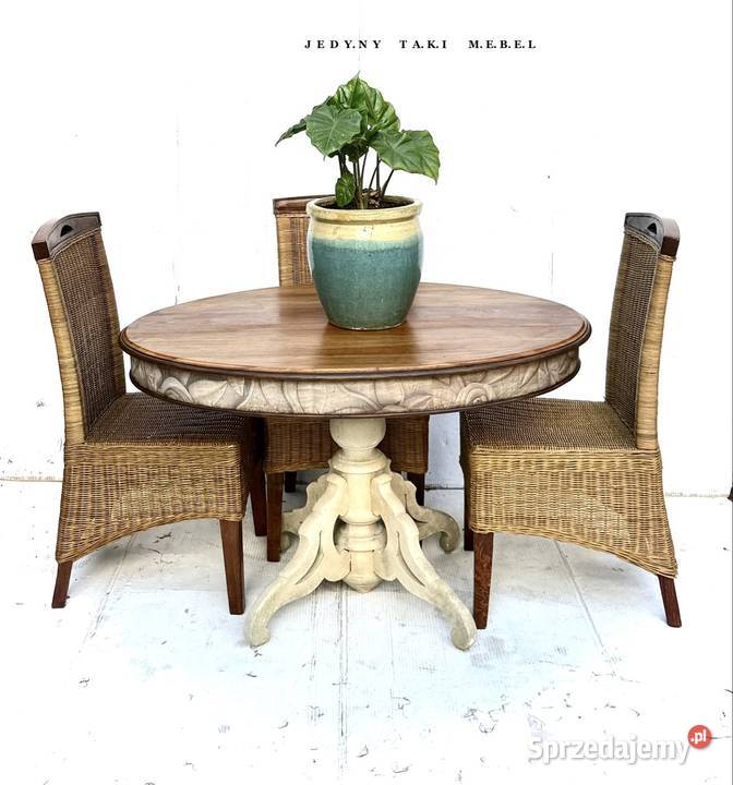Zestaw stół 4 krzesła rattanowe vintage shabby Przeworsk