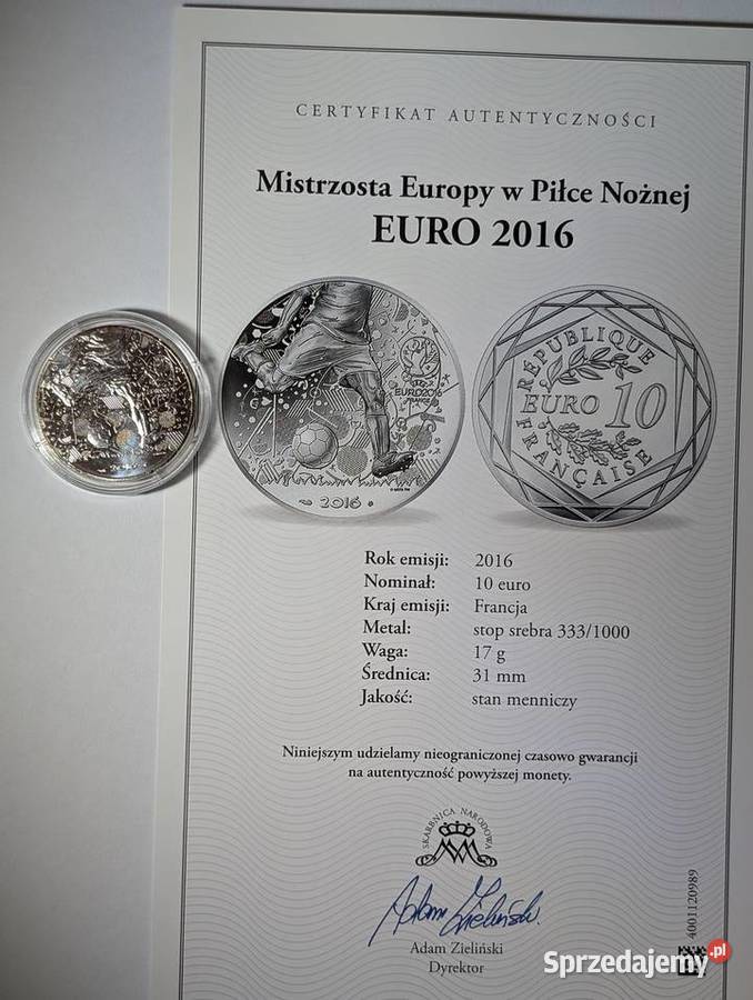 Srebrna Moneta 10 Euro EURO 2016 Francja Numizmatyka