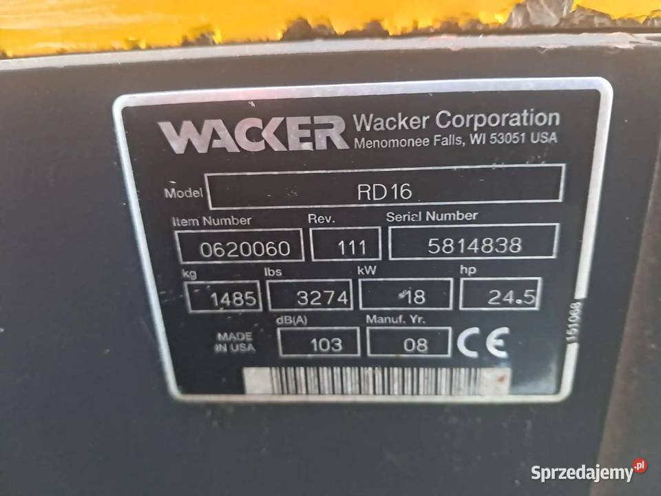 Walec gładki WACKER RD16 diesel 2008 r 90 1485 Dunkowa sprzedam