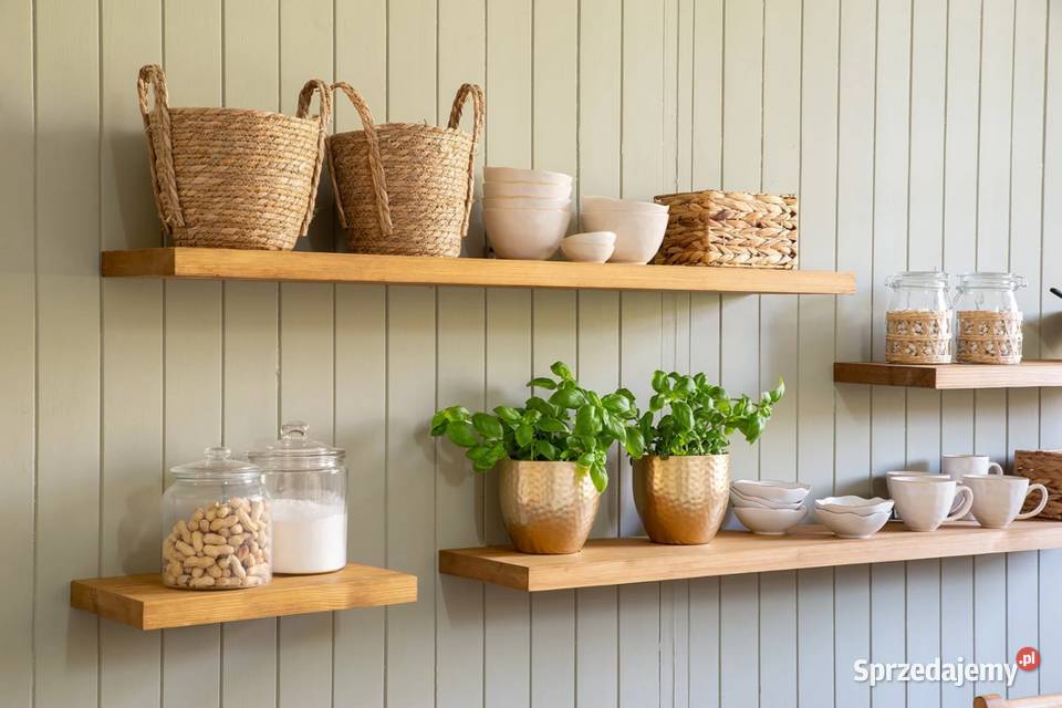 Drewniana półka samowisząca na ścianę do salonu, kuchni