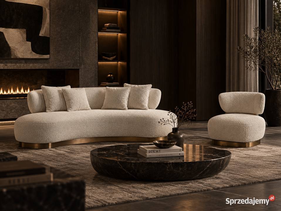 Sofa glamour boucle biała ecru 257 ze złotą Golkowice