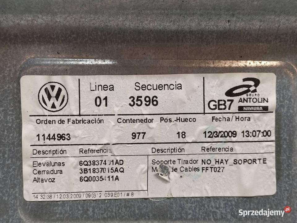 MECHANIZM SZYBY LEWY PRZÓD 3D LIFT 6Q2959802F VW