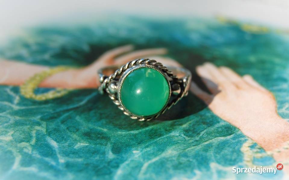 Stary pierścionek srebrny zielony chryzopraz sprzedam