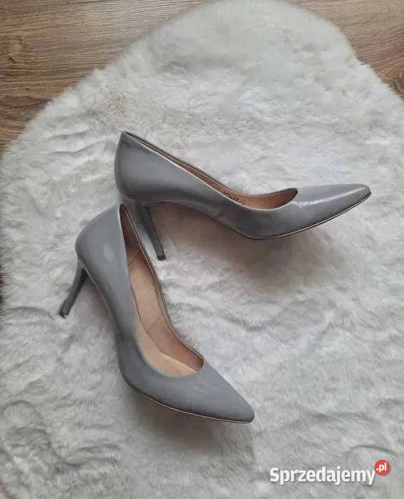 Lakierowane szare szpilki Ryłko skóra naturalna