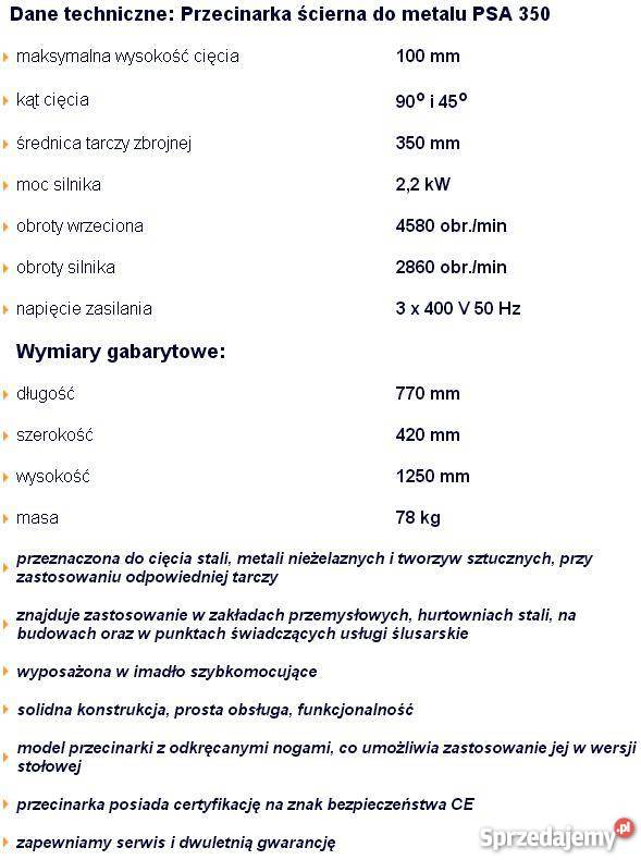 Piła Przecinarka Ścierna do metalu PSA 350 PILEX Wągrowiec