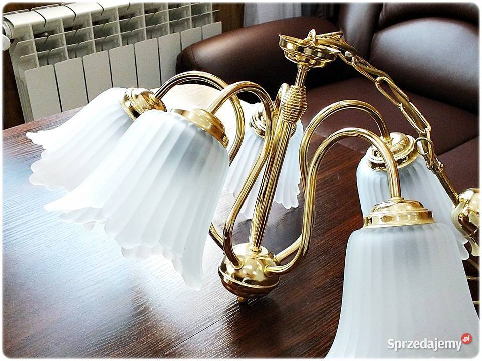 Złoty Żyrandol 5 ramienny Piękna Lampa wisząca z lubuskie Żary