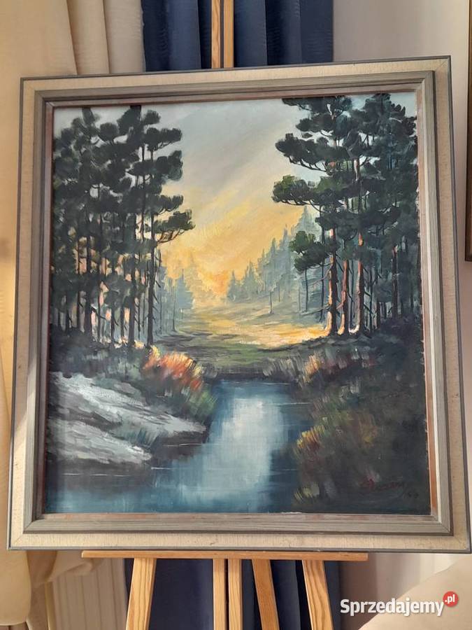 Słoneczny krajobraz z rzeką obraz olejny płótno mazowieckie Iłża