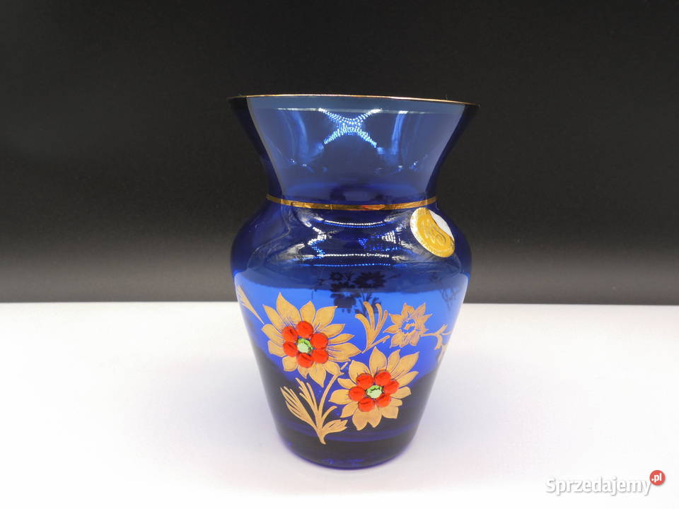 Stylowy szklany wazonik kobaltowy ze złoceniami Porcelana i szkło Raszków