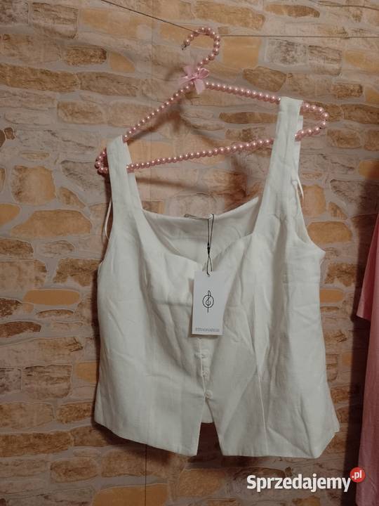 40L Stradivarius Ekskluzywna kremowa lniana bez rękawa Bluzki i koszule