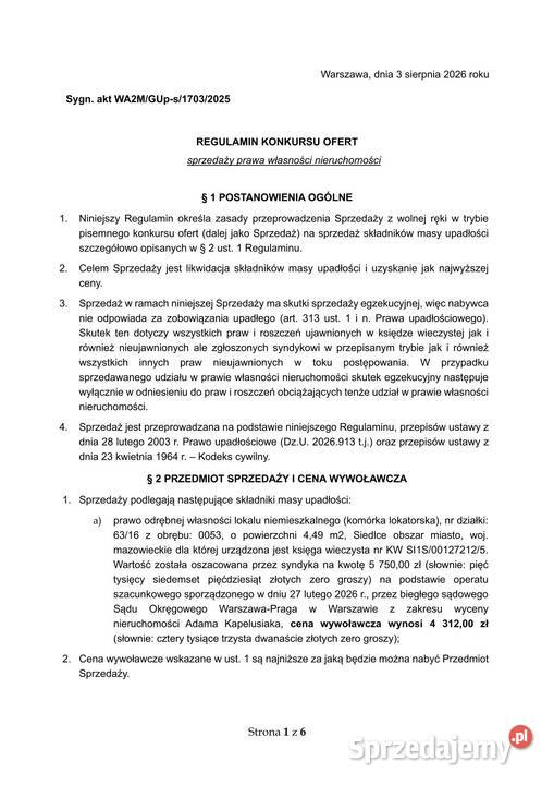 Syndyk sprzeda piwnicę lokatorską w Siedlcach Siedlce